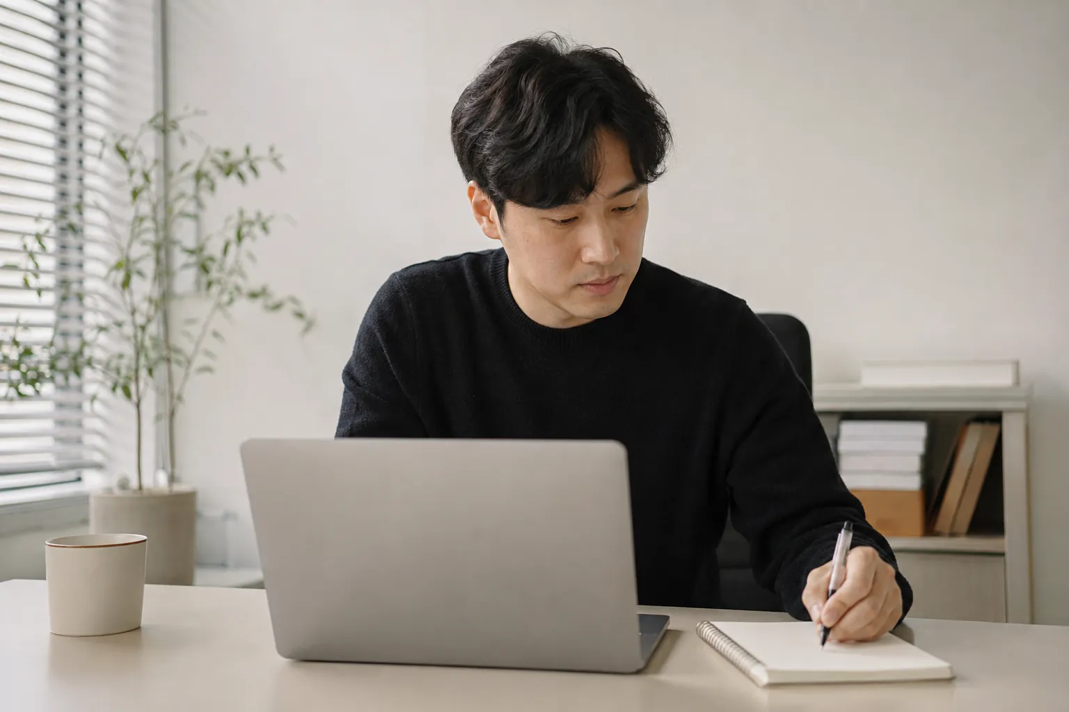 스마트스토어 상위노출, 점수가 쌓이는 창은 따로 있다 5 노트북 화면의 유입 목록을 보며 옆 종이에 검색어 몇 개만 옮겨 적는 모습