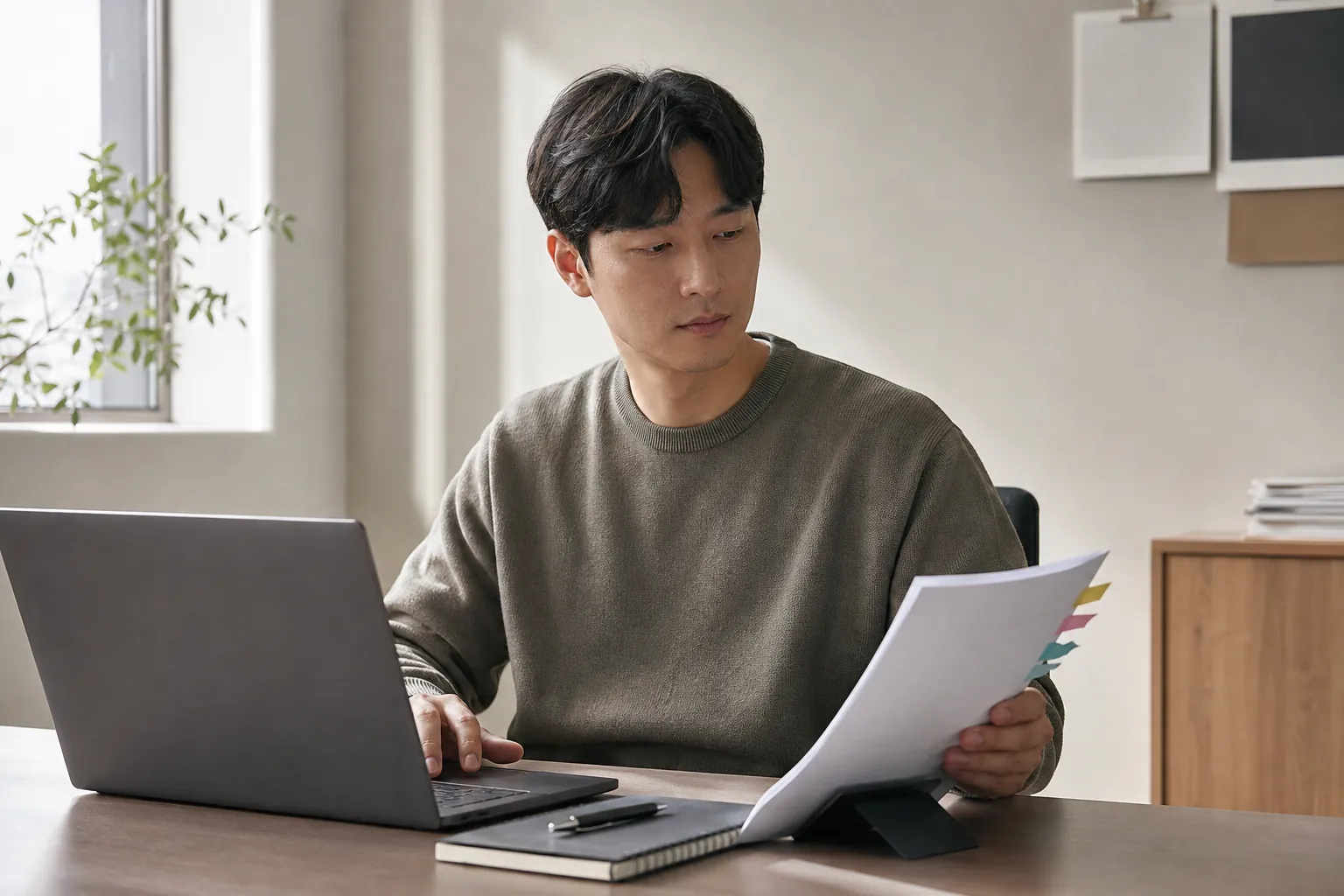 노트북으로 요청 메일을 쓰면서 옆에 놓인 계약서의 표시된 부분을 확인하는 모습
