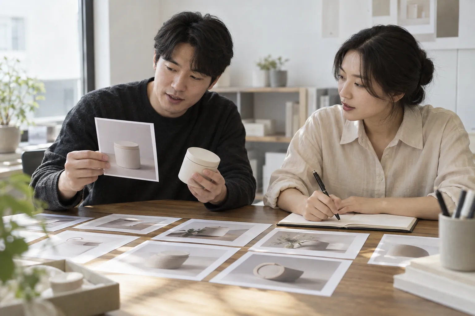 AI 상품 사진 만들기, 빠른 것보다 티 안 나는 것 6 브랜드 대표와 디자이너가 모니터 옆에 인쇄한 상품 사진 시안을 나란히 놓고 어느 컷이 실물과 가까운지 비교하는 장면