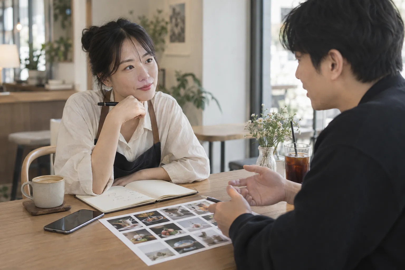 브랜드 대표가 카페 테이블에서 노트에 질문 세 가지를 적어 두고 상대 담당자와 차분히 이야기를 나누는 장면