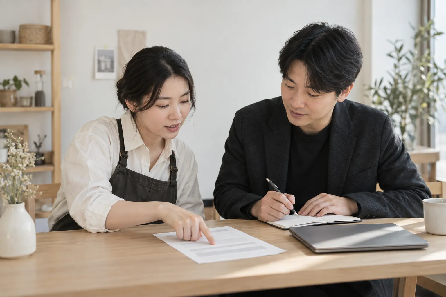 스몰브랜드 고객 데이터 분석, 모으기보다 보는 습관 6 브랜드 대표와 담당자가 회의 테이블에서 노트북과 인쇄물을 사이에 두고 어떤 데이터를 매주 보고받을지 논의하는 장면