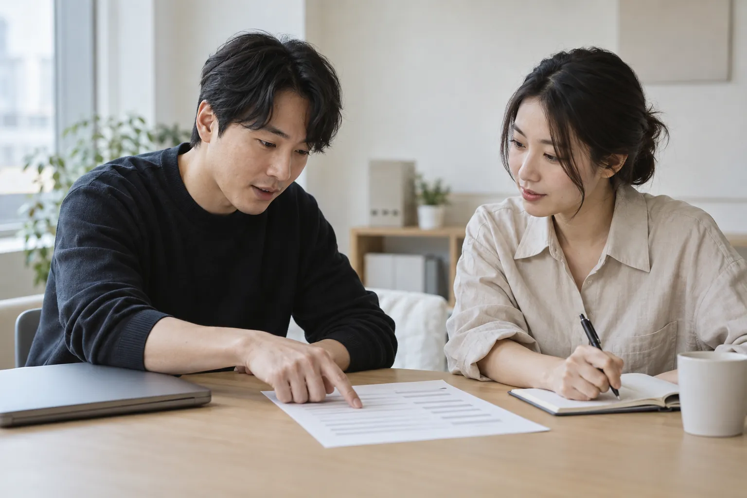 브랜드 대표와 담당자가 사무실 테이블에서 노트북과 인쇄한 재고표를 사이에 두고 채널별 재고 운영을 논의하는 장면