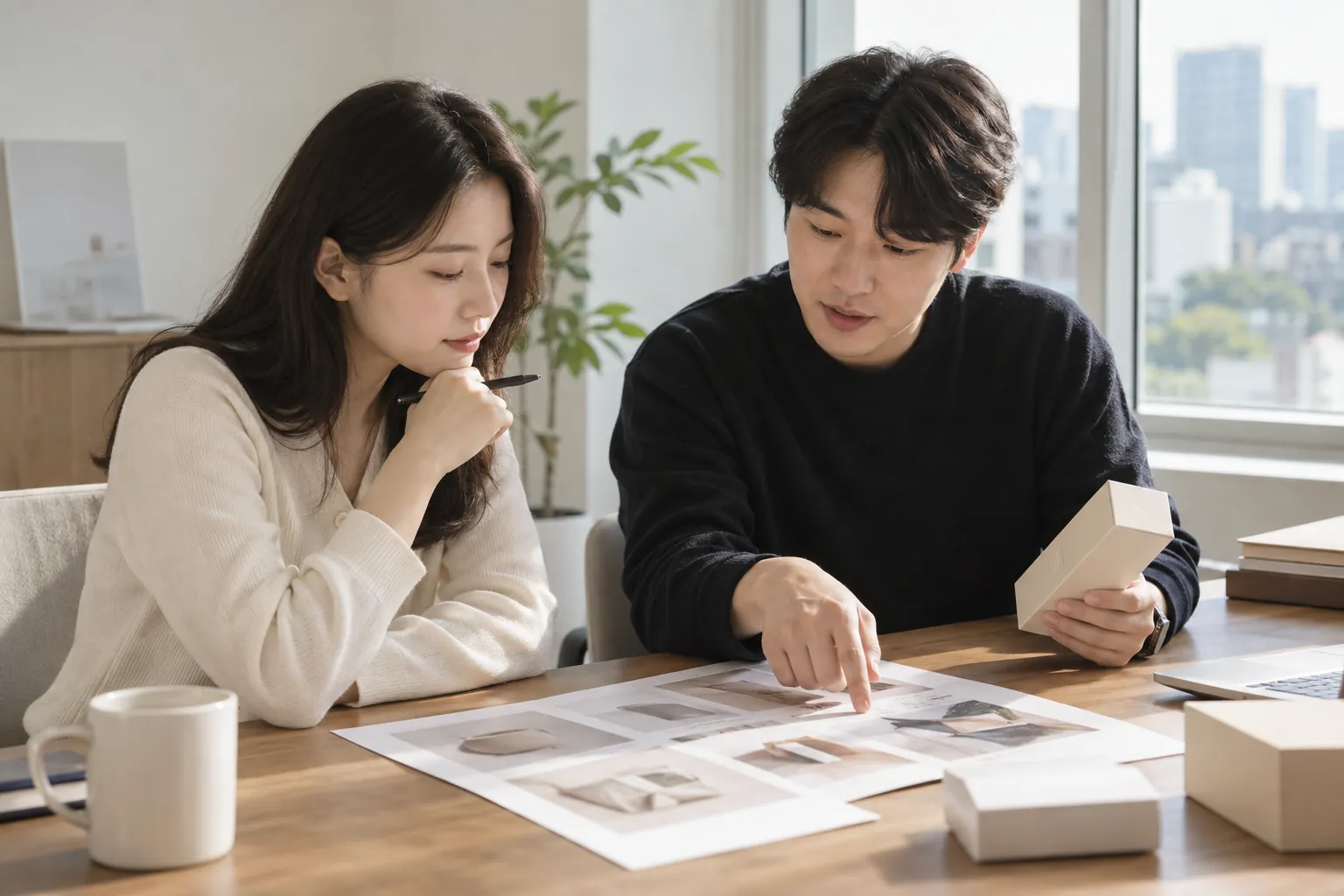 쿠팡 상품 승인 반려 해결, 짐작 말고 등록 전 점검 5 브랜드 대표와 대행사 담당자가 회의 테이블에서 상품 상자와 서류를 앞에 두고 등록 절차를 논의하는 장면
