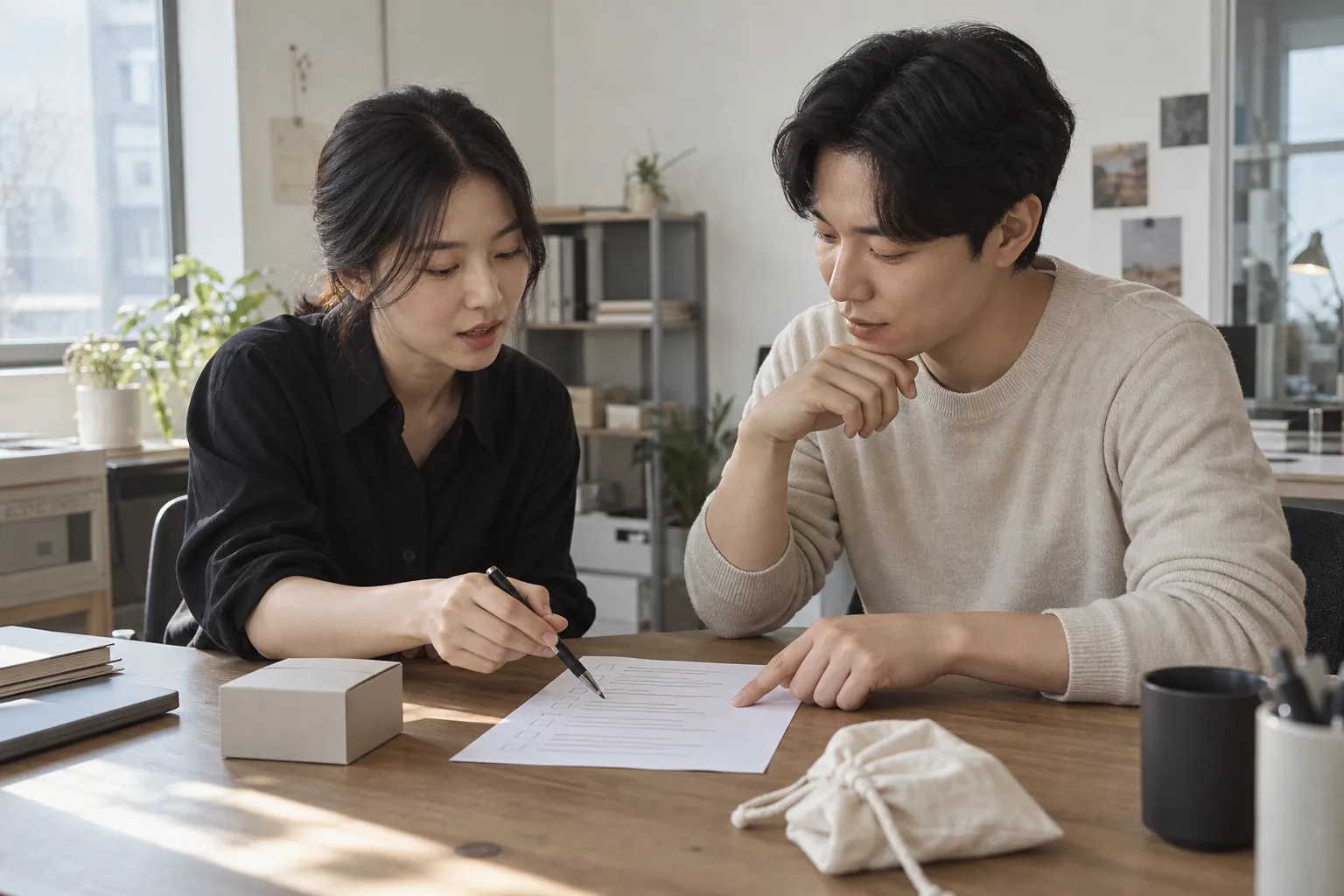 쿠팡 SEO 최적화 방법, 태그보다 카테고리부터 6 브랜드 대표와 담당자가 회의 테이블에서 인쇄한 검색 노출 점검표를 사이에 두고 광고 전 점검 순서를 논의하는 장면
