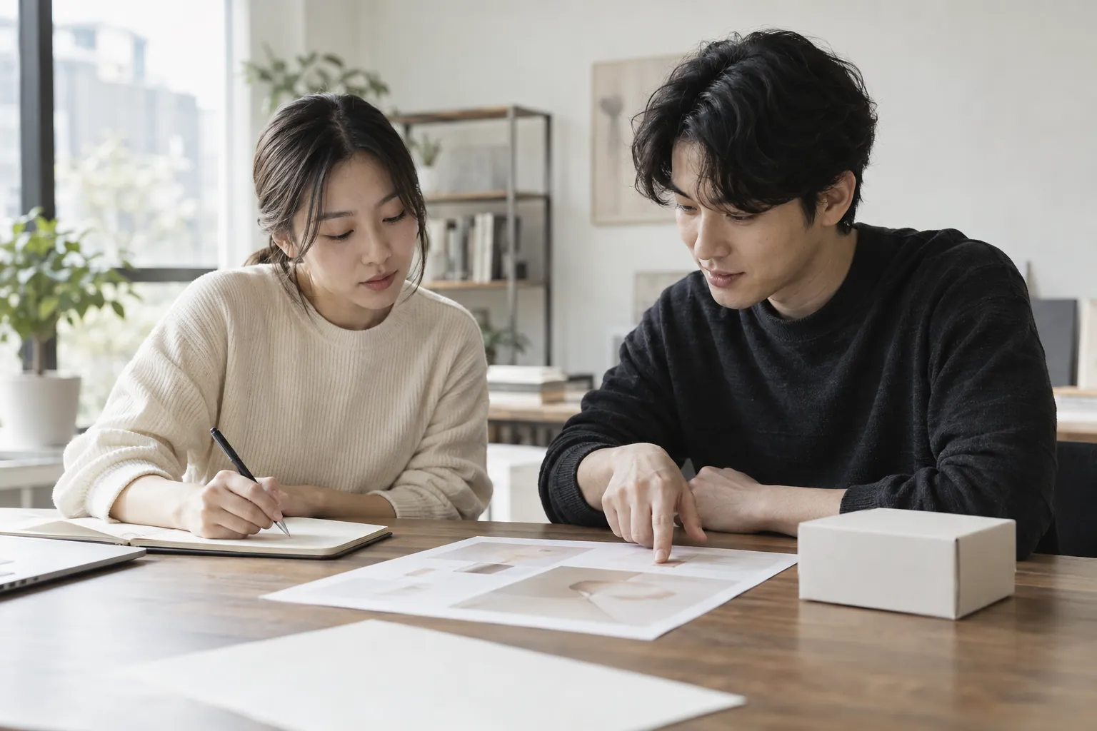 브랜드 대표와 담당자가 회의 테이블에서 상품 상자와 인쇄물을 앞에 두고 위너 회복 순서를 논의하는 장면