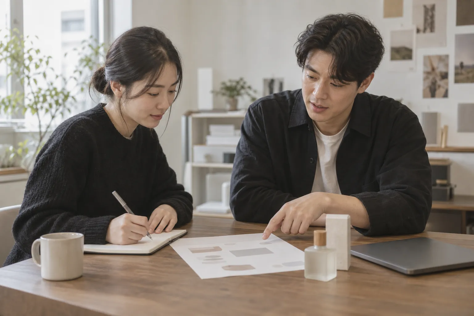 브랜드 대표와 담당자가 회의 테이블에서 노트북과 인쇄물을 사이에 두고 어느 채널부터 열지 논의하는 장면