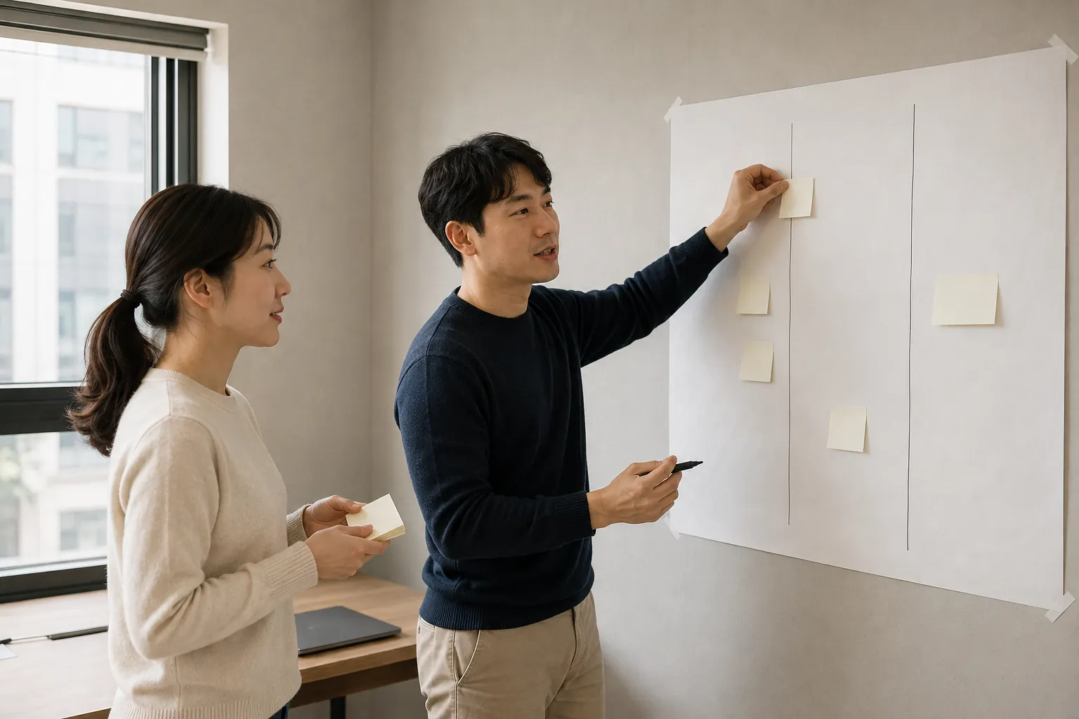 이커머스 운영대행 서비스 범위, 위탁해도 남는 것 5 두 사람이 벽에 붙인 큰 종이를 세 구역으로 나눠 항목을 옮겨 붙이며 범위를 정리하는 모습