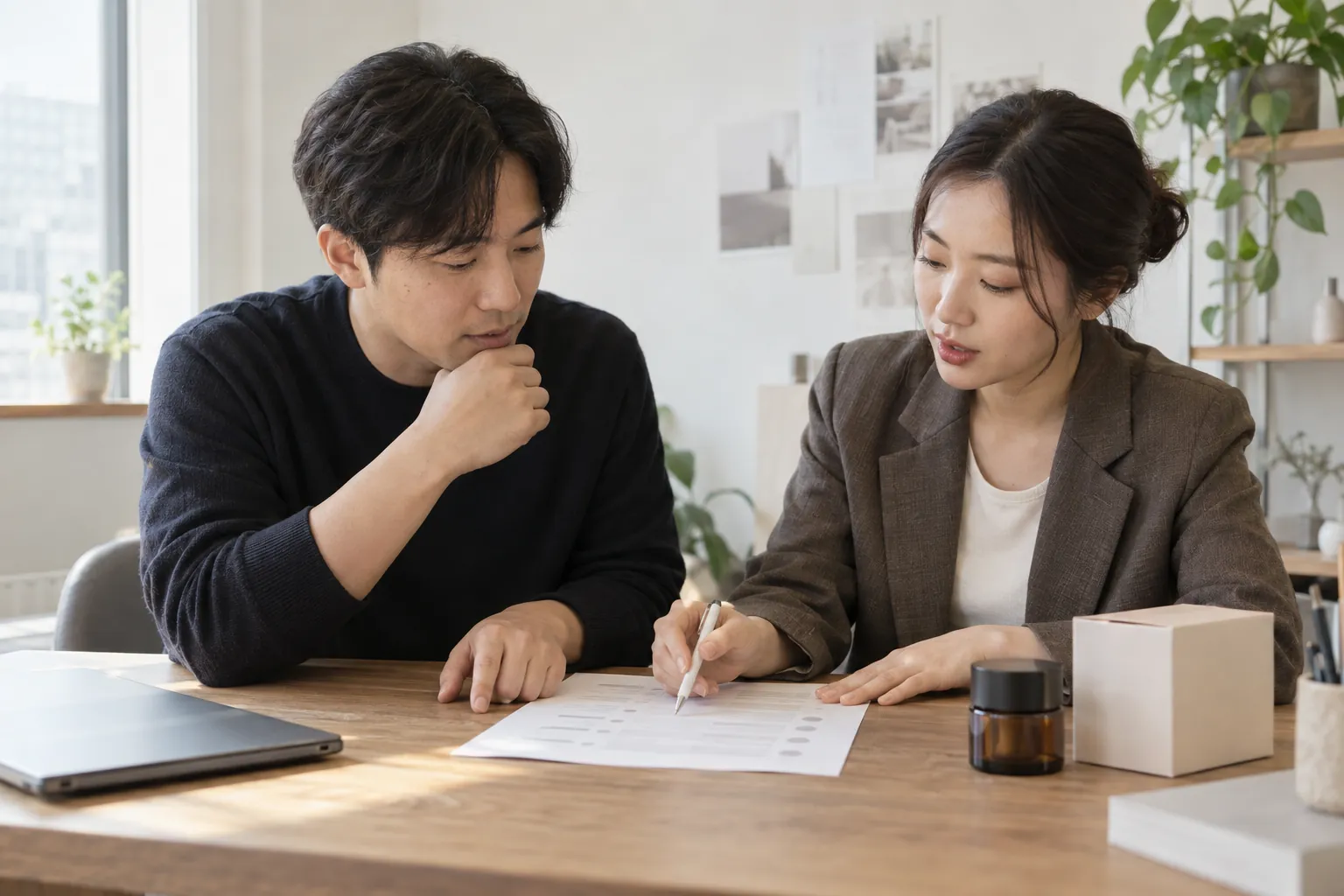 쿠팡 키워드 분석 도구, 숫자보다 검증법부터 6 브랜드 대표와 담당자가 회의 테이블에서 인쇄한 점검표를 사이에 두고 어느 단계에 어떤 도구가 맞는지 논의하는 장면