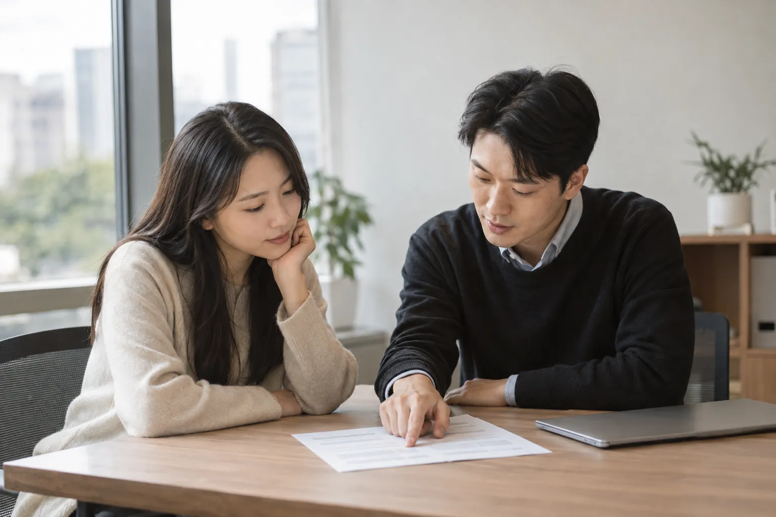 SNS 운영대행 비용, 가격표 대신 견적서 항목 6 브랜드 대표와 담당자가 회의 테이블에서 인쇄한 견적서를 사이에 두고 항목을 짚으며 논의하는 장면
