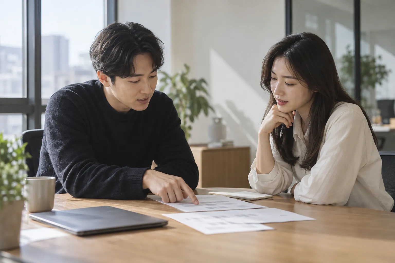 제조사 D2C 전환 전략, 재구매 주기가 기준 6 브랜드 대표와 담당자가 회의 테이블에서 채널 전환 계획서를 두고 논의하는 장면