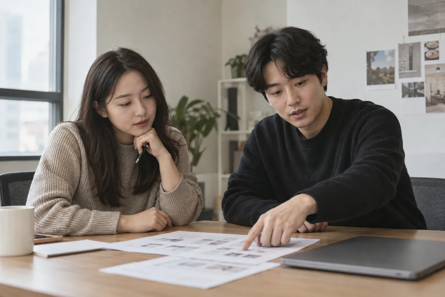 콘텐츠 마케팅 대행 비용, 산출물 개수부터 6 브랜드 대표와 담당자가 회의 테이블에서 인쇄한 콘텐츠 발행 리포트를 사이에 두고 논의하는 장면