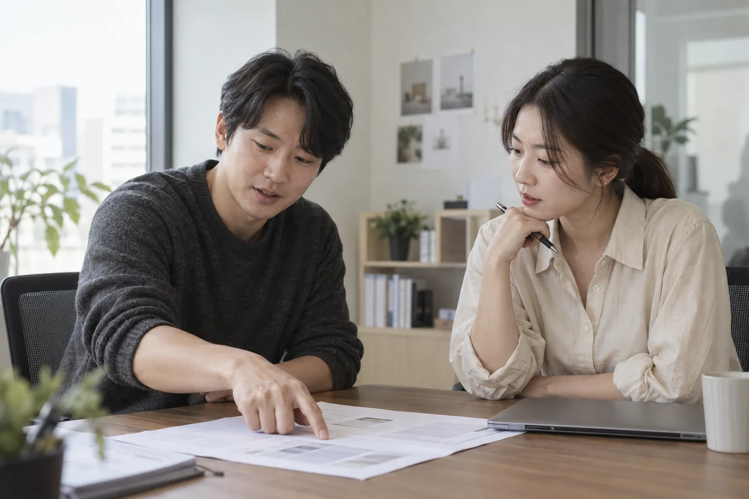 마케팅 담당자와 브랜드 대표가 회의 테이블에서 발행 채널 계획표를 두고 논의하는 장면