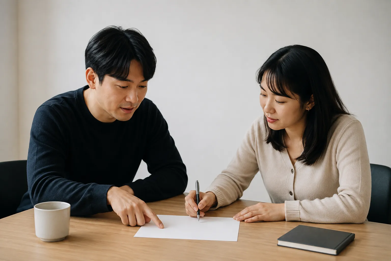 두 사람이 다섯 항목이 적힌 종이를 사이에 두고 하나씩 짚어 가며 확인하는 모습