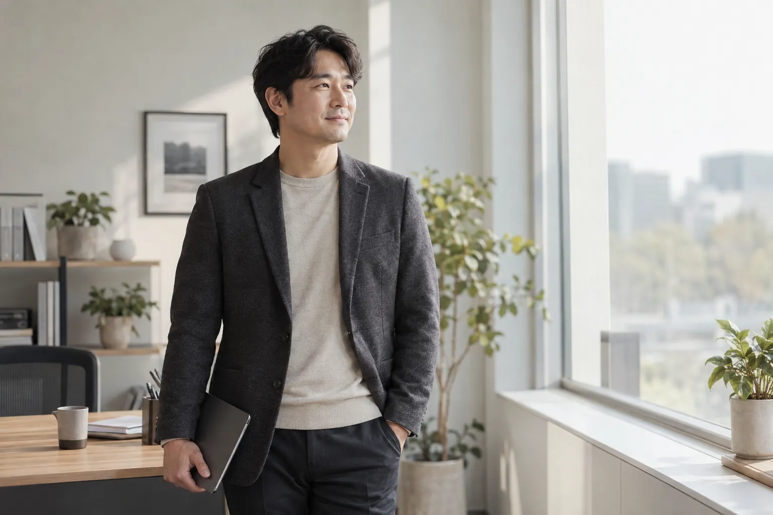 태블릿을 들고 캠페인 시작을 준비하는 브랜드 대표