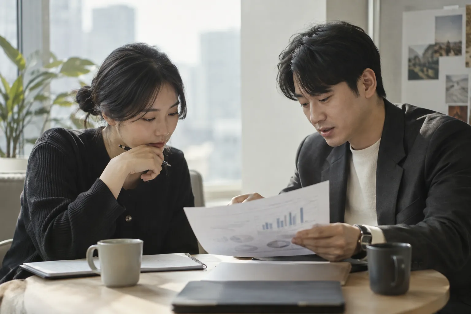 두 사람이 리포트를 함께 보며 논의하는 모습 (연출 예시)