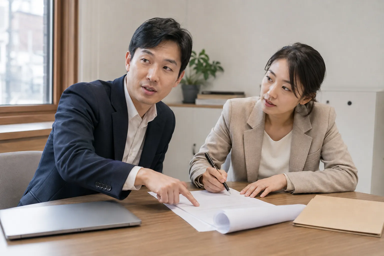 브랜드 대표와 담당자 두 사람이 인쇄된 대행 계약서를 함께 짚으며 조항을 확인하는 모습