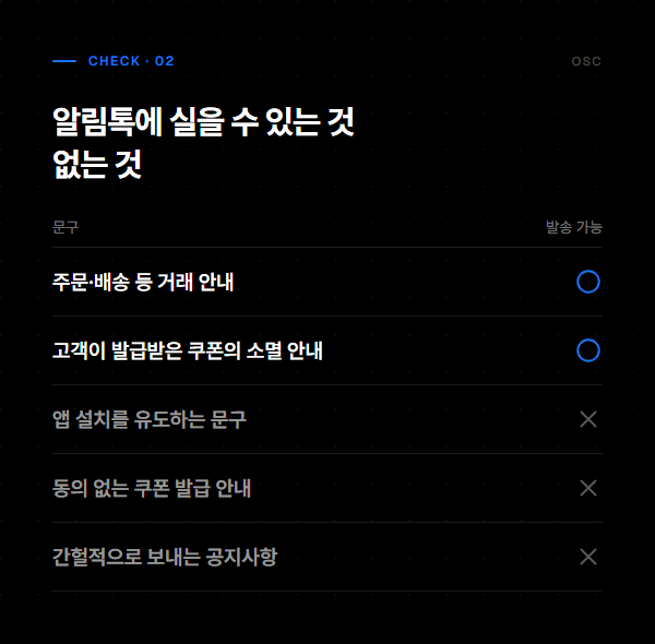알림톡으로 보낼 수 있는 문구와 보낼 수 없는 문구를 나눈 표