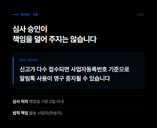 심사 승인이 책임을 덜어 주지 않으며 신고 누적 시 알림톡 사용이 중지될 수 있다는 도식