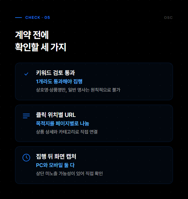 브랜드검색 계약 전 확인 항목 키워드 검토, 클릭 위치별 URL, 집행 뒤 화면 캡처