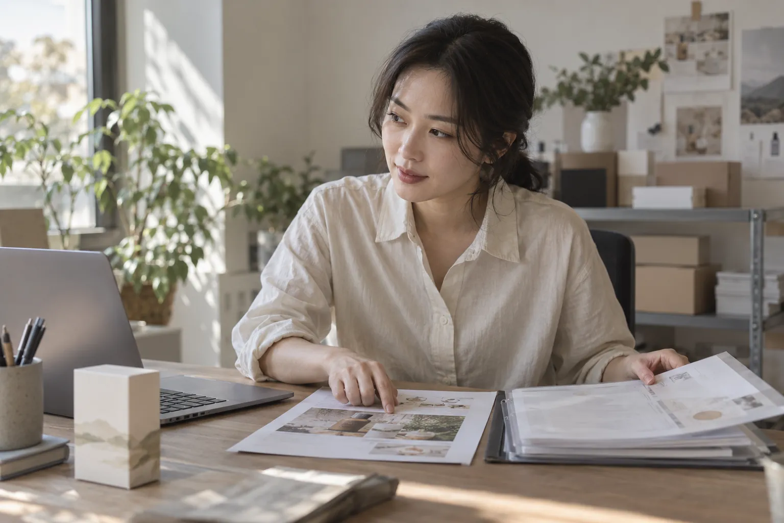 스몰브랜드 대표가 책상에서 인쇄한 상세페이지와 증빙 문서 폴더를 나란히 놓고 대조하는 모습
