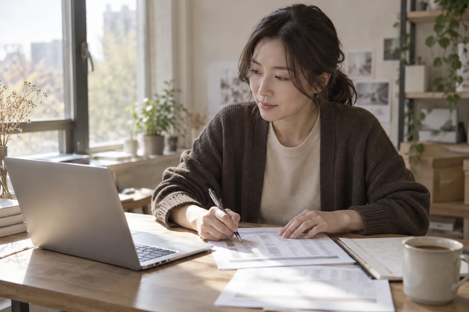 네이버 파워링크 품질지수 종료, 보고서 옛 숫자 확인 2 스몰브랜드 대표가 인쇄한 광고 보고서의 한 열을 펜으로 짚으며 노트북 화면과 비교하는 모습