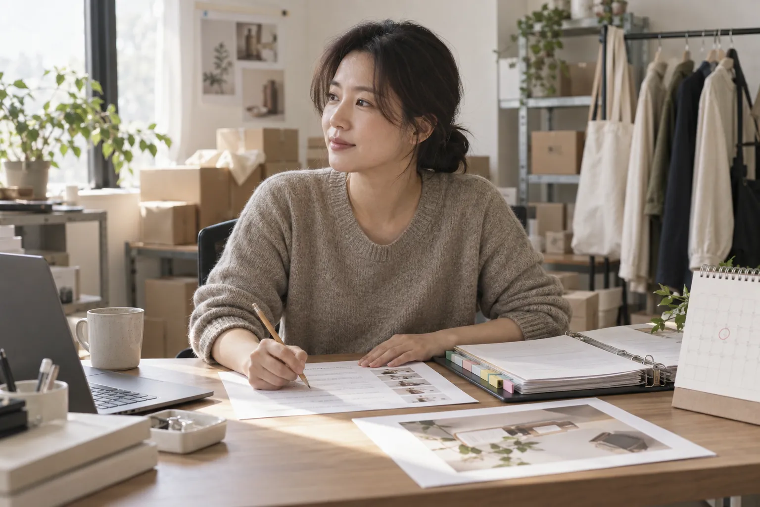 표시광고 실증 자료 15일 제출, 만들기보다 고르기 1 스몰브랜드 대표가 책상에서 광고 문구 목록을 연필로 표시하며 증빙 서류철과 대조하는 모습