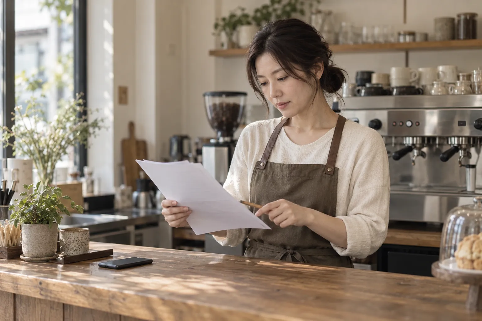 영업 시작 전 카페 카운터에서 인쇄한 안내문을 연필로 짚어 가며 읽는 사장