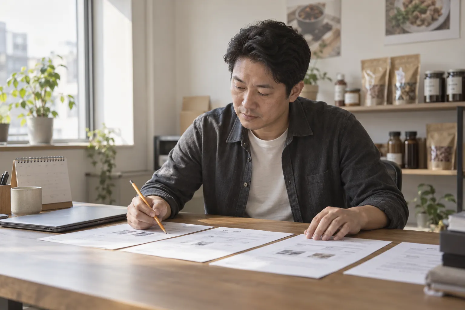 작은 사무실 책상에 인쇄한 서류를 나란히 놓고 날짜를 연필로 확인하는 식품 브랜드 대표