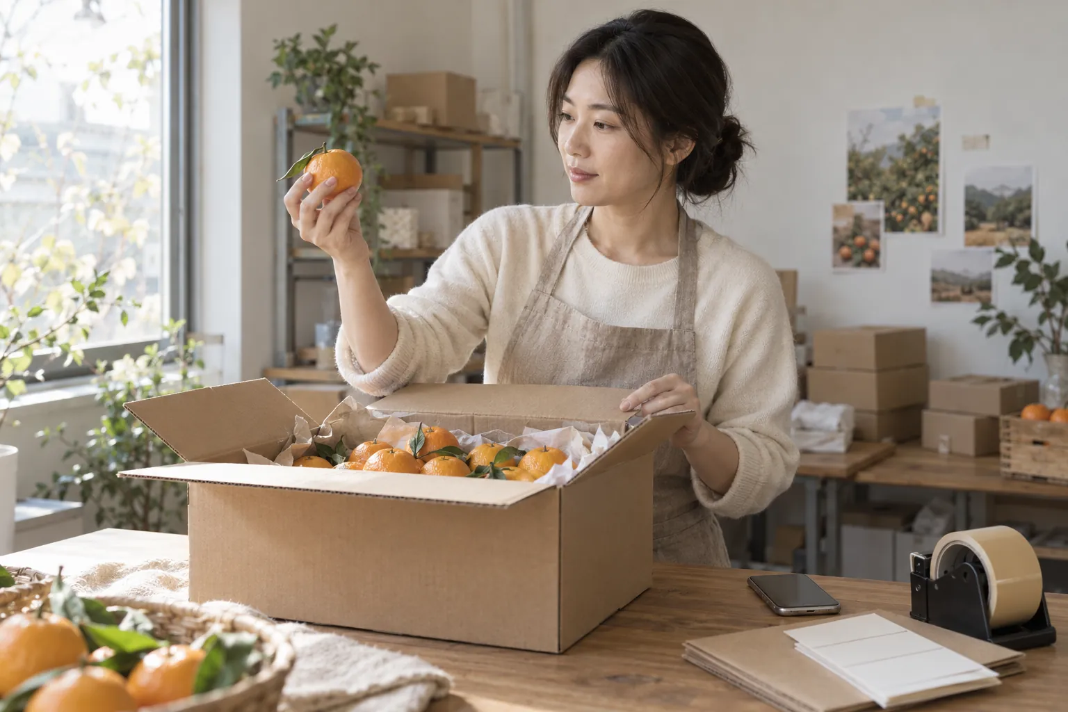 식품 반품 규정, 신선식품 불가만 믿는 스몰브랜드 1 배송된 귤 상자를 열어 상태를 살피는 소규모 식품 브랜드 운영자