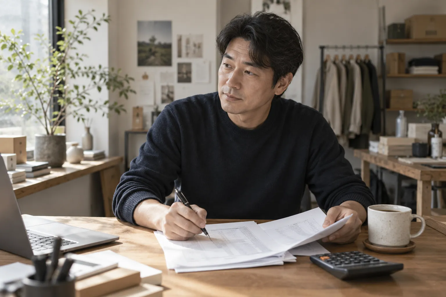 할인율 표시 종전가격 기준, 직전 가격이 아닙니다 1 스몰브랜드 대표가 인쇄한 가격표의 한 줄에 펜으로 밑줄을 긋는 모습