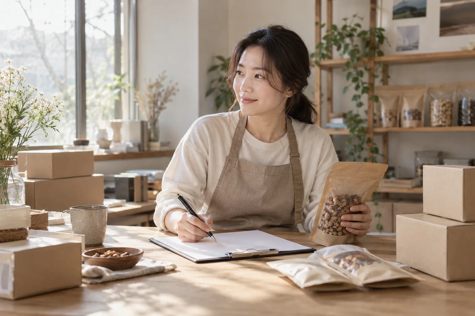 작업대에서 포장 식품을 정리하며 점검표를 가리키는 식품 브랜드 대표