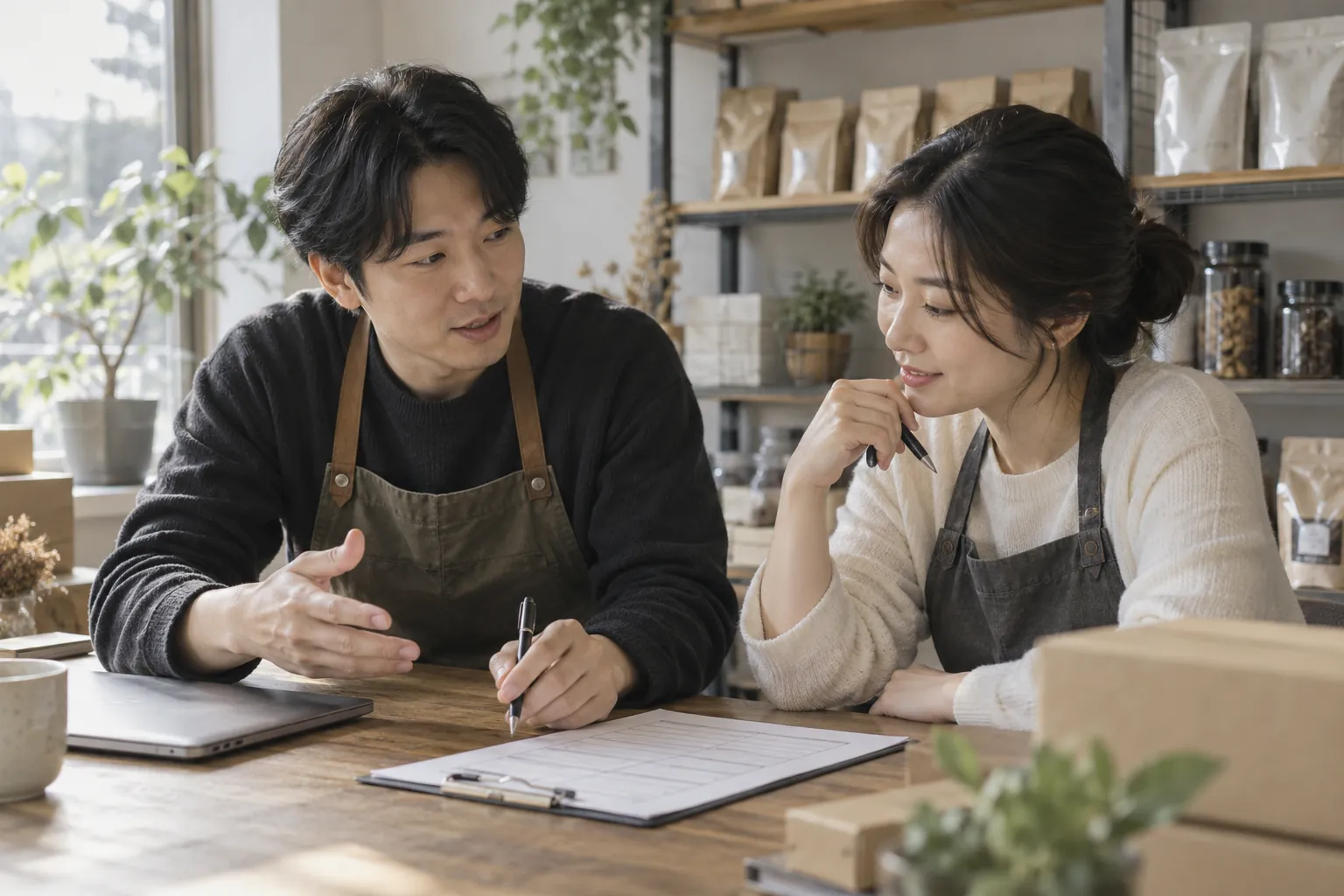 고객 소통 점검표를 함께 검토하는 두 명의 소규모 브랜드 운영자