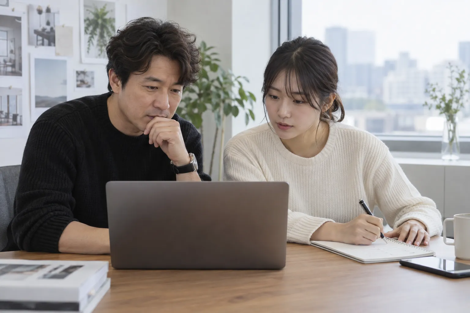 대표와 마케터가 노트북 화면을 함께 보며 점검 목록을 종이에 적는 모습