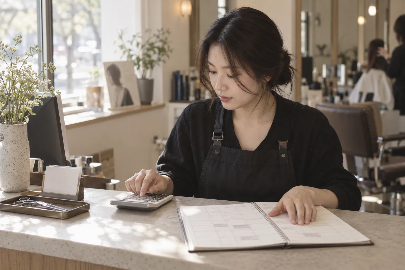 미용실 접수대에서 주간 예약표를 보며 계산기를 누르는 사장