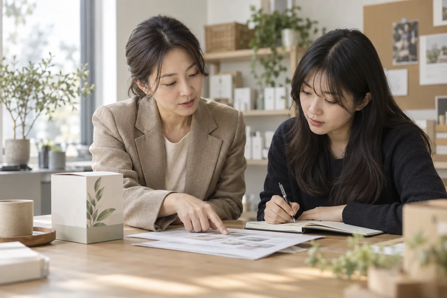 회의 테이블에서 제품 상자와 인쇄한 서류를 함께 보며 메모하는 브랜드 대표와 직원