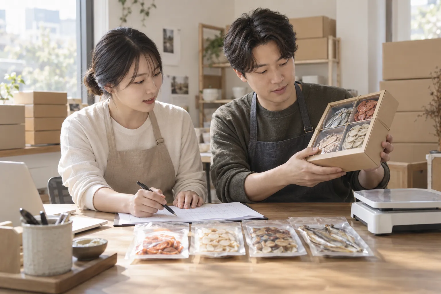 식품 반품 규정, 신선식품 불가만 믿는 스몰브랜드 5 출고 전 점검표를 보며 상품 구성과 옵션을 대조하는 두 명의 운영자