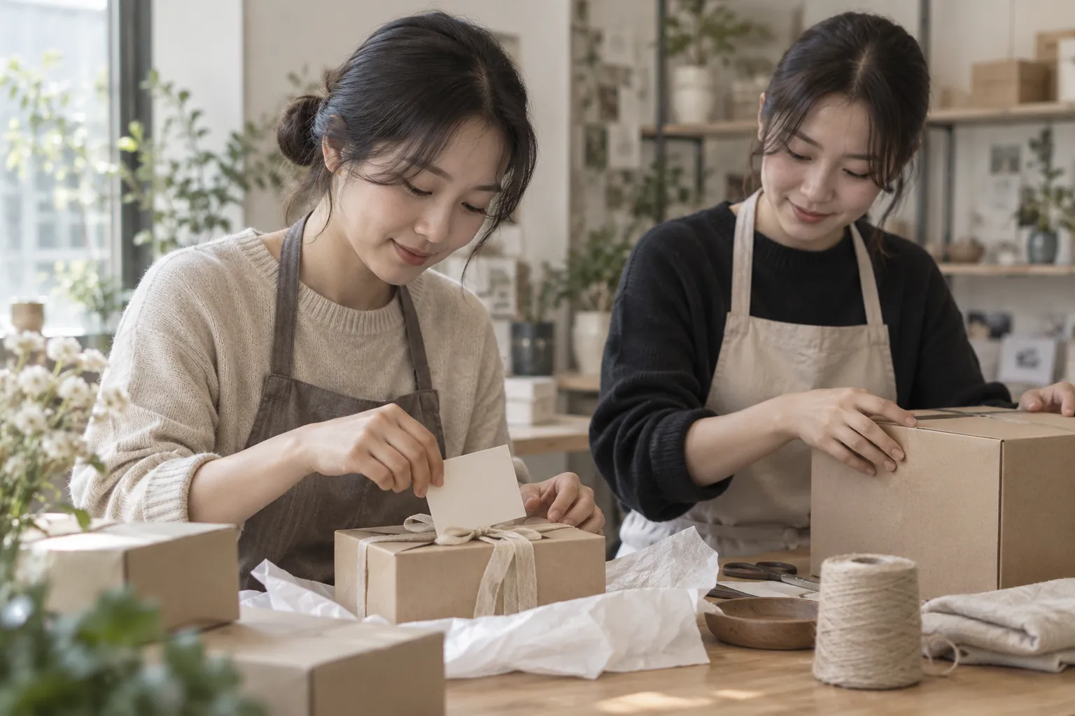 카카오 선물하기 입점 방법, 신청 버튼보다 제안이 먼저 3 작업대에서 메시지 카드를 선물 상자에 넣고 배송 상자를 점검하는 두 명의 판매 운영자