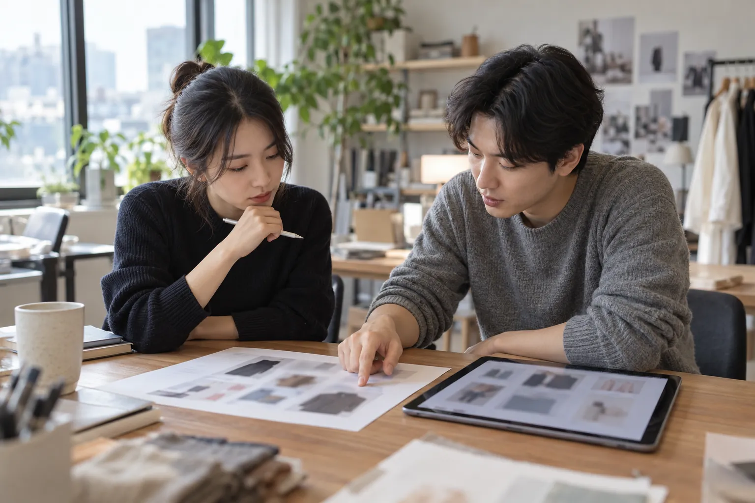 상세페이지 시안 출력물과 태블릿을 나란히 놓고 함께 비교하는 작은 브랜드 팀원 두 명