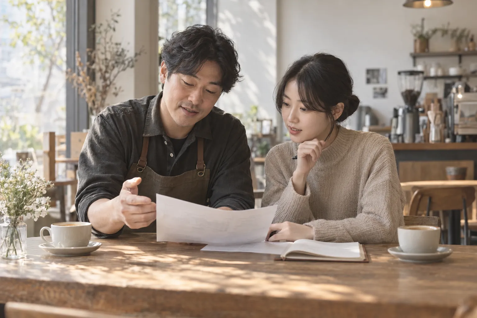 개점 전 카페 테이블에서 사장과 직원이 인쇄한 월간 보고서를 함께 보며 이야기하는 모습