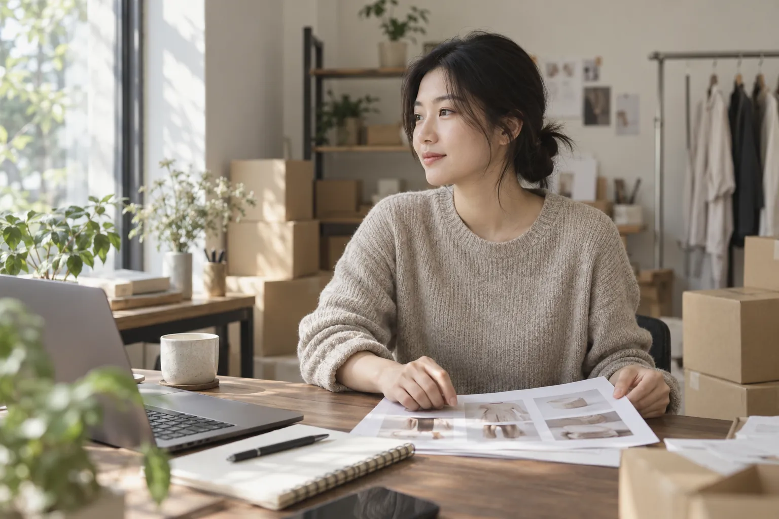 카카오 선물하기 입점 방법, 신청 버튼보다 제안이 먼저 6 창가 책상에서 출력한 상품 상세페이지를 노트와 함께 살피며 제안 전 점검을 하는 스몰브랜드 대표