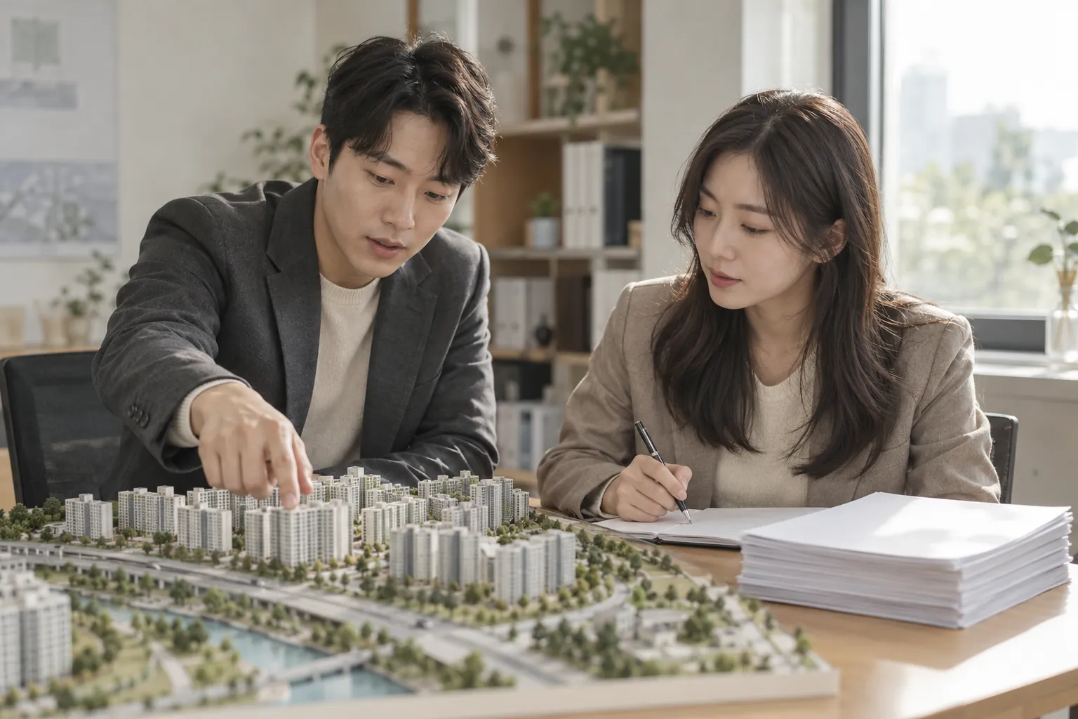 두 마케터가 주거지 축소 모형을 보며 문의 접수 용지를 함께 검토하는 모습