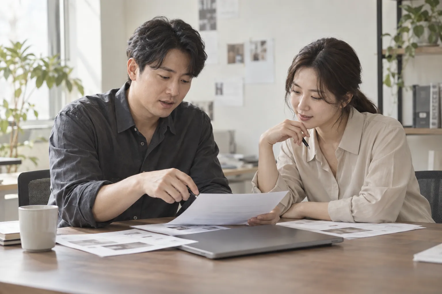 표시광고 실증 자료 15일 제출, 만들기보다 고르기 5 두 운영자가 인쇄한 자료를 함께 보며 광고 문구의 근거 자료를 논의하는 모습