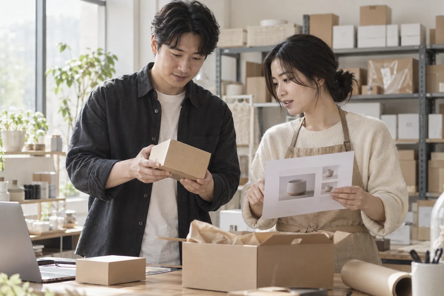 쇼핑검색광고 노출 위치 개수 최적화, 위치 말고 반응 5 두 운영자가 포장 작업대에서 상품 상자와 인쇄한 상세페이지를 보며 이야기하는 모습